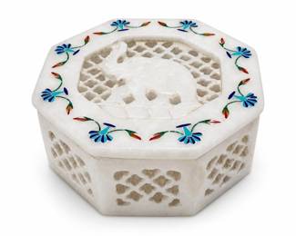 Carved White Stone Elephant Box with Inlaid Floral Border
