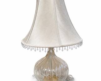Swirl-Ribbed Glass Table Lamp with Ivory-Colored Beaded Bell Shade