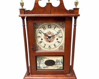 Wooden Pillar-and-Scroll Mantel Clock with Landscape Panel