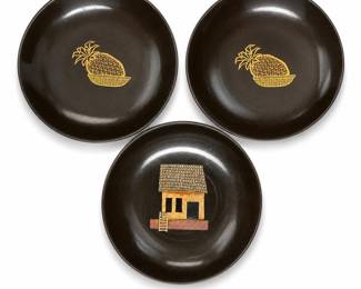 Three Black Dishes with Gold-Tone Pineapple Basket and Wood Hut Inlay