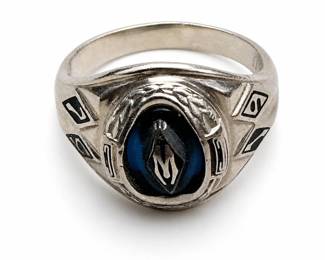 10k White Gold Class Ring with Oval Blue Stone, Size 7