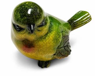 Green and Yellow Bird Figurine with Leaf-Shaped Wings
