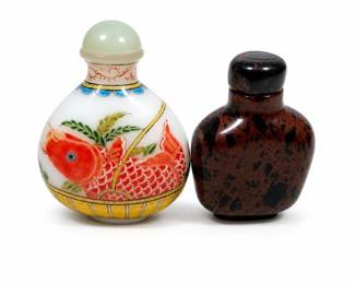 Two Snuff Bottles: Enameled Glass Carp Marked Gu Yue Xuan, Red-Brown Mottled