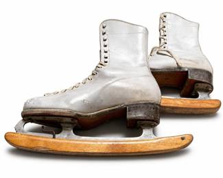 White Lace-Up Figure Ice Skates with Wooden Barnard Guards