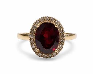 14k Gold Oval Dark-Red Stone Halo Ring, Size 8