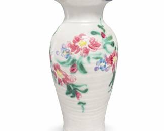 Floral Glazed Ceramic Vase with Blue Rim