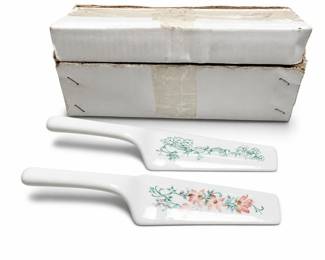 Ceramic Cake Servers, Pair, Pink Floral and Green Scroll, Signed