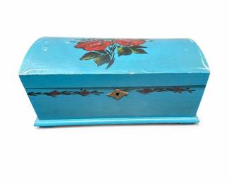Turquoise Painted Wooden Chest with Roses and Keyhole Escutcheon