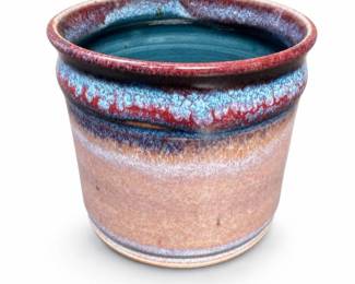 Wheel-Thrown Glazed Ceramic Crock with Blue Drip Glaze
