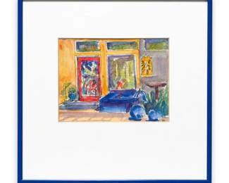 Ink and Watercolor Storefront with Red Door, Monogrammed, Framed