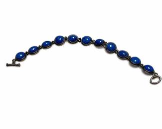 Sterling Silver Blue Cabochon Link Bracelet with Pierced Reverse