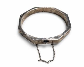 Sterling Silver Octagonal Hinged Bangle Bracelet, Marked 925