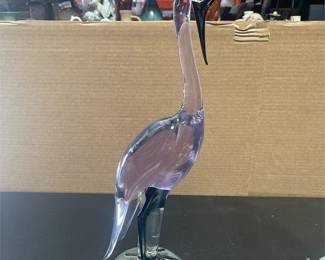 Pale Lavender Art-Glass Crested Wading Bird Sculpture (3/4)
