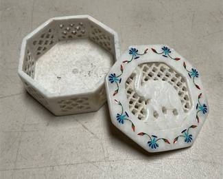 Carved White Stone Elephant Box with Inlaid Floral Border (3/4)