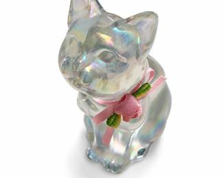 Iridescent Glass Seated Cat Figurine with Pink Ribbon
