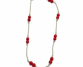 14K Yellow Gold Coral Station Anklet, 9 Inches