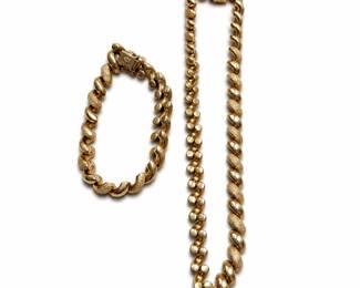 14k Gold San Marco Link Necklace and Bracelet Set, Italy, 69 g