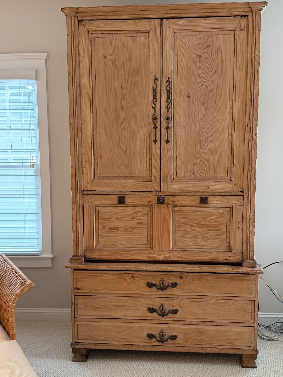 European Pine secretary/linen press armoire- 19th century.  H - 97". D- 24". W- 53". Comes in 2 sections.  See pictures for condition. Must bring help to move! Price - $495.00