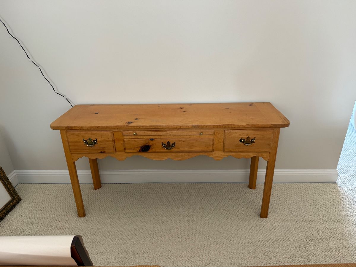 Item #2. Thomasville Replicas Pine console table. H - 26 3/4.  W- 54".  D- 16". Excellent condition. Price - $140.00. Discounted - $70.00