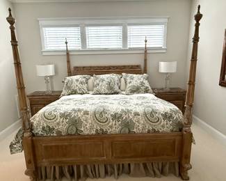 Item #5. Lexington Camden Hall King bedroom set. Pecan finish 4 poster King bed with pair of marble top nightstands. Nightstands - H- 31". D- 18". W- 34." King bed - W - 82". L - 88". Excellent condition. More pictures available upon request. Price - $550.