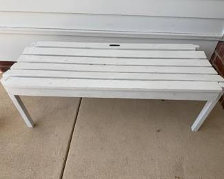 White bench no back. Has Name plate on it. L - 48. H- 17. D- 19 1/2. Price - $20.00