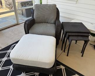 Summer Classic swivel chair with ottoman and set of Three Nesting Tables( brand unknown). Summer Classic swivel chair - H- 36. D-38. W- 33 1/2. Seat depth - 25".Tables - 22H/21H/19H. Loose PVC on smallest table. There is a ring spot from a pot on the top of largest table. Price - $230.0000