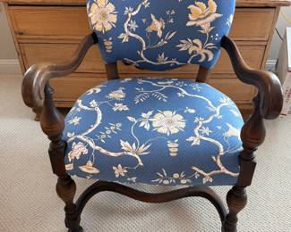 Item #3. Blue floral antique chair. Good condition. W- 23 1/2". H- 33 1/2". D- 27". Seat Depth - 20". Price - $45.00