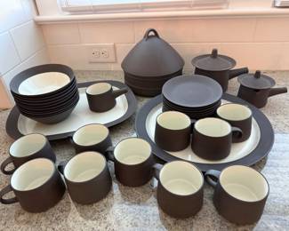 Dansk Flamestone Set. 1 oval platter, 1 round platter, 1 domed pot, 2 lidded pots, 1 small pot (no lid), 10 cups/saucers, 10 bowls, 10 small plates. Price - $90.00