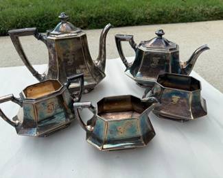 F monogrammed silver plate tea set. Shown as is. Price - $18.00