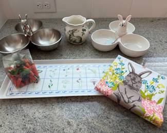 Bunny set. 2 bunny condiment serving dishes, bunny hand towel, plastic tray, bunny creamer and carrot decor. Price - $12.00