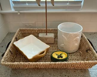 Miscellaneous Set - wicker tray, Wooden pig, Sur La Table yellow baking dish, olive oil dip bowls, corn utensil holder. Price - $18.00