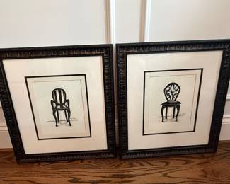Item #9. Pair of framed Chair pictures. Signed Meghan Megler. Black/white ink wash drawing. W -19 H- 21. Great condition. Price - $ 36.00