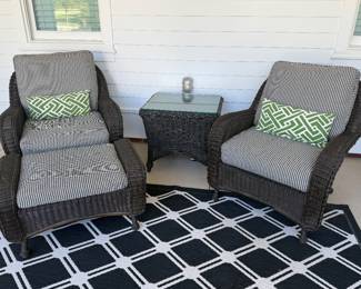 Two Summer Classics chairs with ottoman and side table. 2 stationary chairs with one ottoman. Side table has minor paint chipping under glass. Chair covers are included. 36H 38D 33 1/2W. Seat depth - 25". Price - $420.00