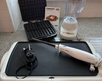 Cusinart waffle iron, Hamilton Beach Blender, Presto griddle. Hamilton Beach electric knife. Griddle shows some signs of discoloring on the white rim. Price - $18.00
