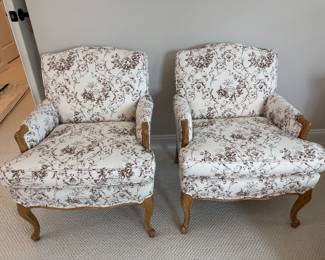 Pair of vintage petite toile chairs. Leg shows some wear. Clean upholstery. H- 31. W- 25 1/2. D- 25 1/2. Seat depth -18. Price - $ 240.00