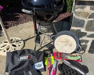 Weber dome grill with new cover, mitts, 2 lighters, power scrub, skillet with grate, skewers, pizza rack, pizza stone & 8 metal skewers. Great condition. Price - $100.00