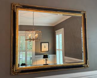 Item #10. Black and gold ornate beveled mirror. Heavy. Excellent condition. L- 55. H- 43. Price - $ 130.00