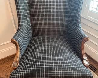 Black/cream window pane wing back chair. D-26. H- 42. W- 27 1/2. Seat Depth - 22. Great condition. Price - $ 85.00