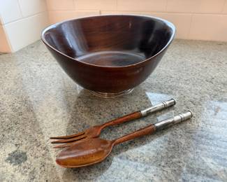 Mahogany salad bowl with sterling silver base and serving spoons. 11 3/4 diameter. Price - $30.00