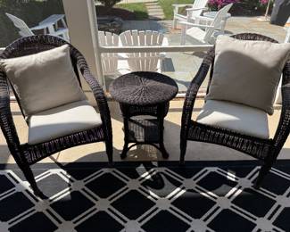 3 Piece patio set- Paint is chipping on round table. All pieces are in good overall condition. One chair has broken PVC wicker. Price - $ 48.00