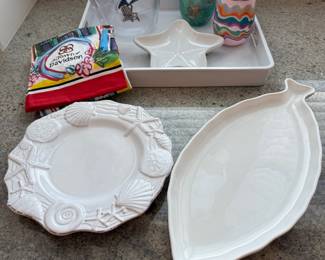 Coastal serving set - fish platter, shell round plate, Tervis ice bucket, starfish dish, 2 Swig lidded cups, Davidson kitchen towel & white melamine tray. Price - $22.00