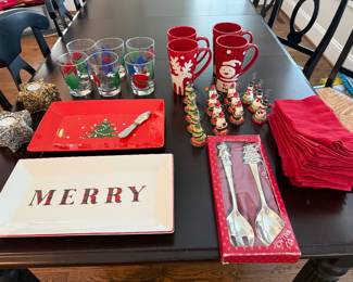 Christmas Set. 2 platters, 6 star votive holders, 6 christmas rocks glasses, 4 mugs, placecard holders, servings set & 12 napkins. Price - $30.00