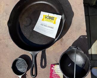 Lodge cast iron set. Large skillet - 12". Bowl - 5". Small skillet - 3 1/2". Price - $18.00