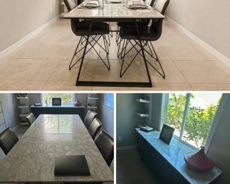 stone table, chairs and buffet