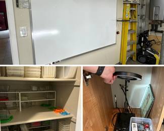 white board, ladders, storage containers, light