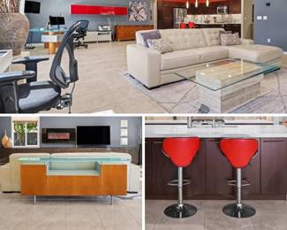 Leather couch, coffee and end table, bar stools, office furniture (not red upper cabinets, not fire place or tv)