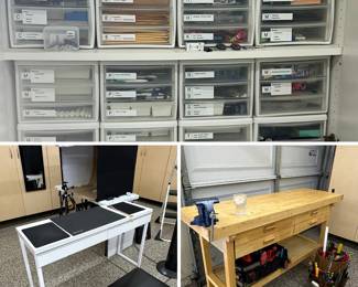 work benches and cabinets filled with items and storage solutions