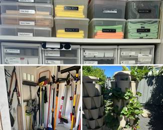 misc organization, shed full of tools, strawberry planter