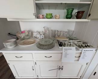 Louisiana by Oneida and My Rose by Oneida flatware sets, pressed glass pitchers and punch bowl, floral canister set, glass cake plates, white serving bowls, and vintage pottery