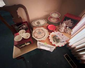 boxed three-section server, two-tier serving stand, boxed Santa tea set with candy-cane handles, holly platter, snowflake glass plates, and salt and pepper shakers